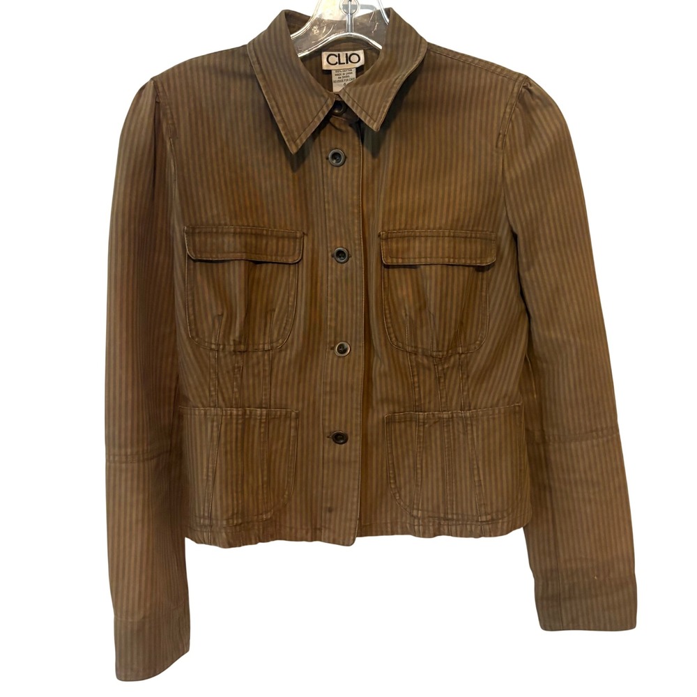 Clio Vintage Y2K Brown Striped Fitted Utility Blazer in Size 4